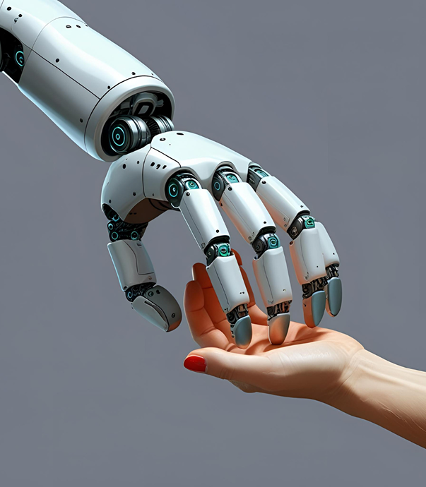 Close-up de una mano humana y una mano robótica tocandose.